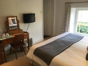 Blagdon羽毛宾馆的一间卧室配有一张床、一张书桌和一台电视