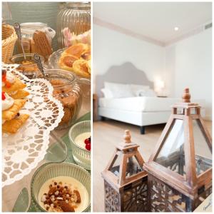 西尔米奥奈Incanto di Luna Hotel的一张桌子和一室食物的两张照片