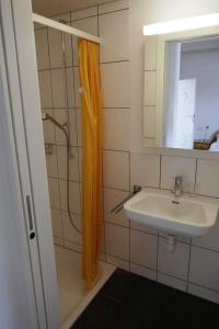NesslauZwinglis Ferienwohnung的浴室设有橙色淋浴帘和水槽