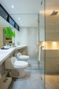 佩雷拉索拉塔玛酒店的一间带两个卫生间和淋浴的浴室