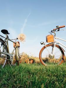 迪尔森-斯托科姆农德迪酒店的两辆自行车停在草地上