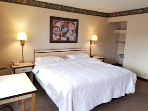 科罗拉多斯普林斯旅行之星套房酒店的酒店客房设有一张白色大床和两张桌子。