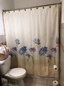 尼亚加拉瀑布尼亚加拉大瀑布雷克斯汽车旅馆的浴室设有布满蓝色花卉的浴帘