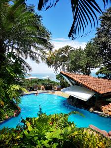 曼努埃尔安东尼奥Si Como No Resort & Wildlife Refuge的拥有蓝水和棕榈树的度假村的游泳池