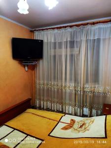 蒂拉斯波尔Просторная квартира в центре Тирасполя!的一间卧室设有一张床、电视和窗户