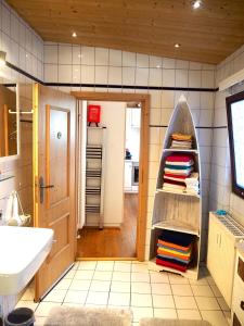 齐恩多夫CASA LOFT & LaMansarda的浴室设有水槽和带毛巾的架子。