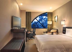 新竹迎曦大饭店的酒店客房设有一张床、一张书桌和一台电视机。