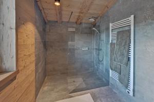 埃尔瓦尔德Zugspitz Lodge的带淋浴的浴室和玻璃门