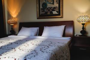 波德戈里察Hotel Bojatours的一间卧室配有一张带两盏灯的床。