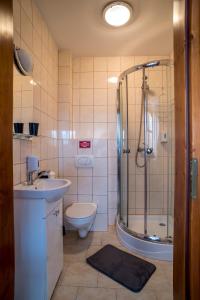 新塔尔格都拿查姆河畔别墅旅馆的带淋浴、卫生间和盥洗盆的浴室