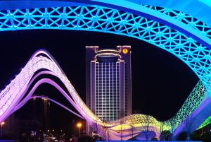 武汉武汉华美达光谷大酒店（温德姆集团全球最佳华美达酒店）的一座桥,在晚上有一座建筑背景
