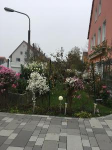 纽伦堡古曼度假公寓的一座花园,花园内种有粉红色的花卉,拥有街灯