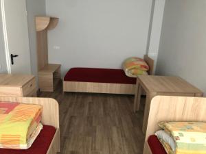 考纳斯Hostel Laurita的小房间设有两张床和一张桌子