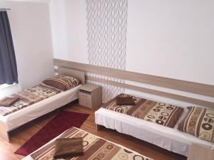 松博特海伊Gerendas Panzió的一间设有两张床的房间和一张地毯