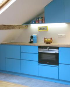 巴黎Marais Beaubourg的厨房配有蓝色橱柜和炉灶。
