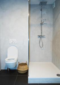 里德凯尔克B & B Meet the Dutch的一间带卫生间和玻璃淋浴间的浴室