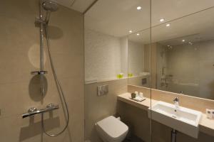 美因河畔法兰克福法兰克福机场假日酒店的带淋浴、卫生间和盥洗盆的浴室