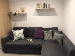 大加那利岛拉斯帕尔马斯Sweet Apartment Las Canteras的一张带枕头的灰色沙发,上面有一本书