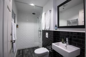 雷克雅未克雷克雅未克公寓酒店的一间带水槽、卫生间和镜子的浴室