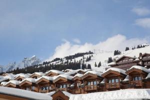 谷雪维尔Résidence Les Chalets du Forum - Courchevel 1850的山底下有雪覆盖的小屋