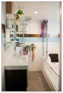 阿姆斯特丹Private guesthouse BnB The Waterhouse houseboat的浴室配有水槽和带紫色花卉的淋浴。