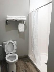 加尔维斯敦Mariner Inn的浴室设有卫生间和带毛巾的淋浴。