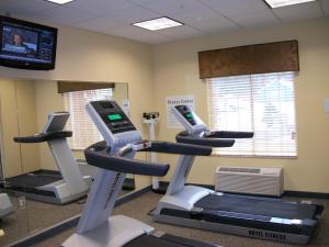 科特兰科特兰快捷假日酒店的一间健身房,里面配有两台跑步机
