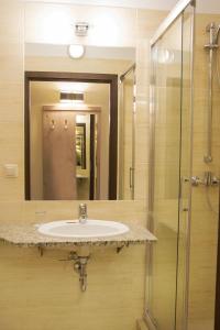 比得哥什阿米莉亚酒店的一间带水槽和玻璃淋浴的浴室