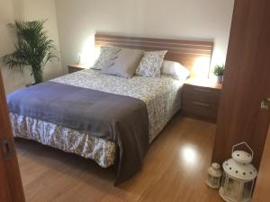 普拉森西亚Apartamentos Turísticos Clavero 1的一间卧室配有一张大床和木制床头板