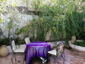 穆莱伊德里斯Dar Ines的花园里的紫色桌子和椅子