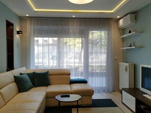 布达佩斯Luna apartment的带沙发和大窗户的客厅