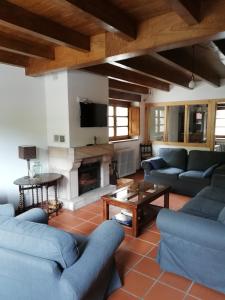 奥尼斯Corte del Rondiellu 2的客厅设有蓝色的沙发和壁炉