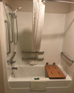 Fort MadisonCobblestone Inn & Suites Fort Madison的带淋浴和浴缸及木板的浴室