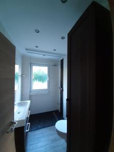 奥伯豪森Ferienwohnung Lorenz的一间带卫生间、水槽和窗户的浴室