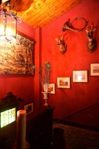 伊居利拉米努德里旅馆的一间有红色墙壁的房间,上面有鹿头