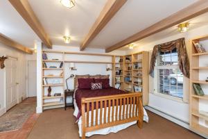 安克雷奇Anchorage Escape的一间卧室设有床、窗户和书架
