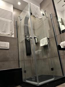 乔左维尔考普尔斯基Hotel Fado的浴室里设有玻璃门淋浴