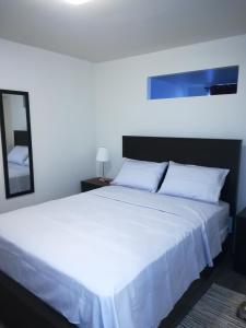 蒙特利尔Montreal Olympic Parc的卧室配有白色的床和镜子