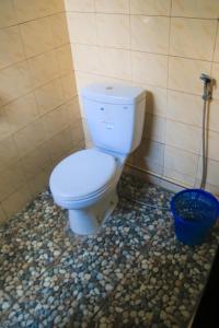 塞莱马德加庞多克巴利安民宿的浴室内白色的马桶,有蓝色的桶