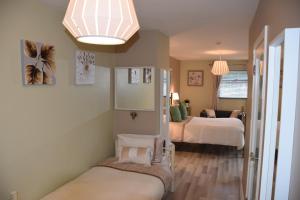卡林福德Shalom的一间卧室配有两张床和吊灯。
