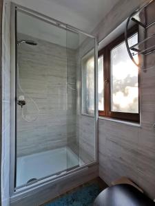 MatraszentistvanVaskúti Faház的浴室里设有玻璃门淋浴