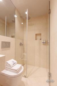 里斯本ON/SET Alfama - Lisbon Cinema Apartments的一间带玻璃淋浴和卫生间的浴室