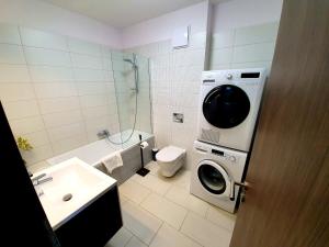 萨尔瓦尔INTRO Apartman的浴室位于卫生间旁,配有洗衣机。