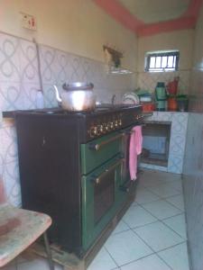 坎帕拉MOCAP的厨房配有烤箱,上面有锅