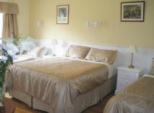 基拉尼红木酒店的一间卧室配有一张大床和一张带台灯的桌子