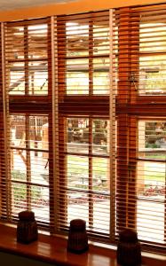 比勒陀利亚舍伍德小屋酒店的前方设有木制百叶窗和2把凳子的窗户