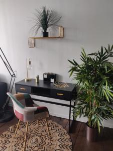 巴约讷Appmt Cosy 2 pièces - Haut Standing的桌子和椅子,位于一个有两棵植物的房间