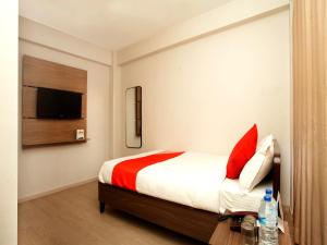 加德满都OYO 626 Hotel Himchuli的卧室配有一张床,墙上配有电视。