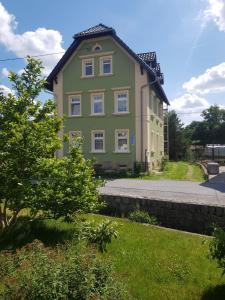 萨克森自由州诺伊斯塔滕Ferienwohnung Karlguth的前面有棵树的绿色房子
