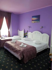 阿拉德Hotel Darosy的紫色墙壁的酒店客房内的两张床